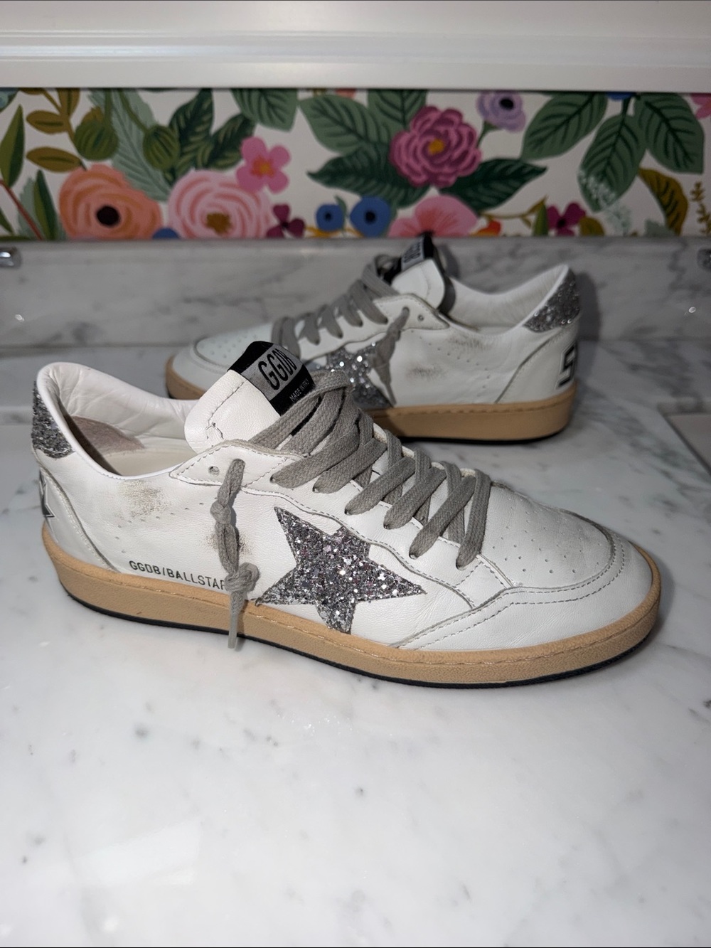 Golden Goose White Leather Sneakers with Silver Glitter Star and Tan Sole